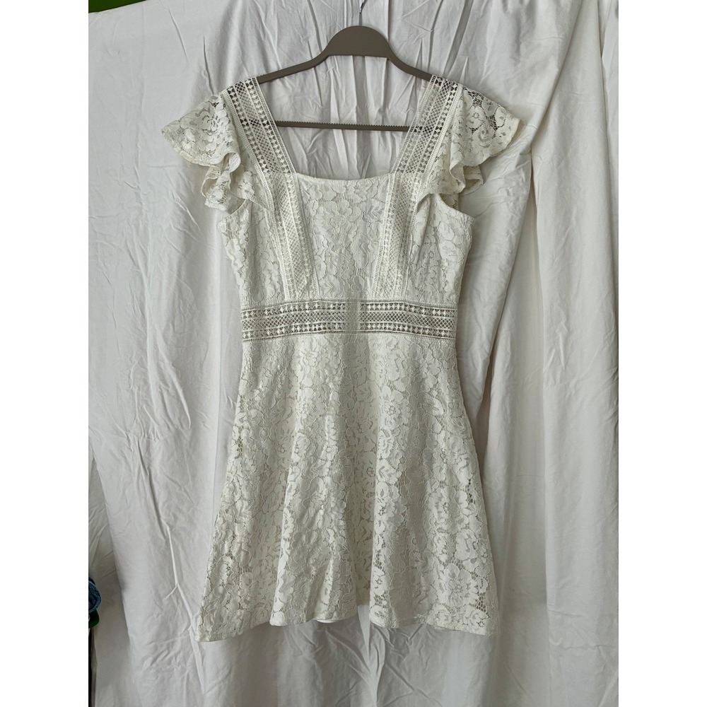 Ash & Violet Lace Mini Dress Womens Medium White Flutter Sleeve Crochet Trim